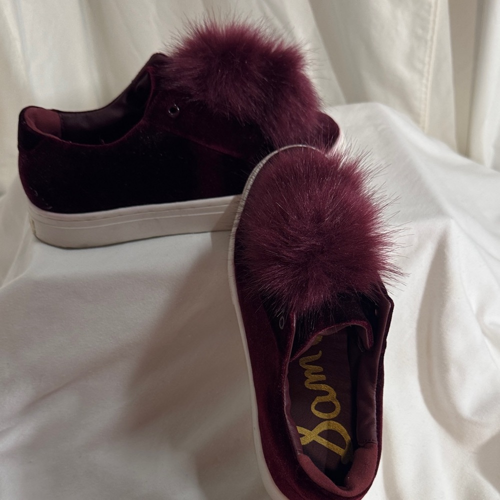 Burgundy Velvet Sneakers with Faux Fur